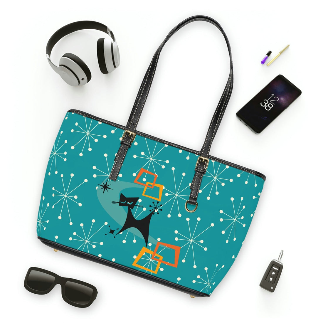 Mid Mod Atomic Starburst, Dark Aqua Blue, Kitschy Cat Retro Shoulder Bag Bags 16&quot; x 10&quot; / Black