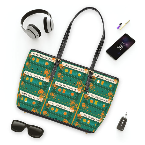 Retro Cassette Best Hits From The 70's, Flower Power Groovy Orange, Teal Shoulder Bag Reversable