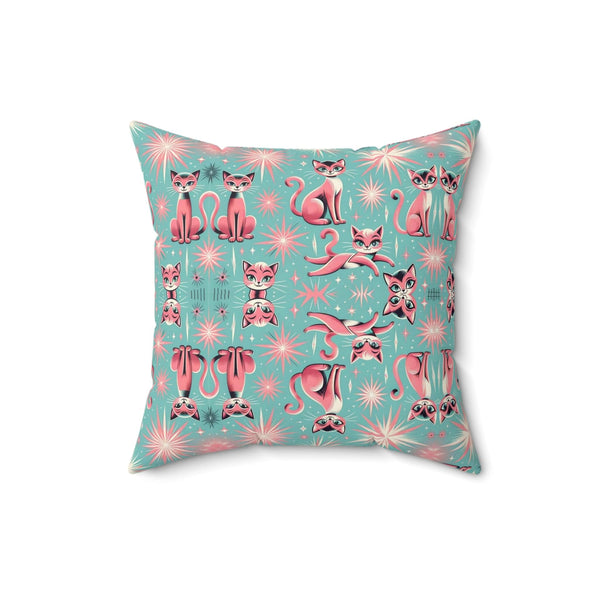 1950's Pink Kitty Cats, Quirky Kitschy Aqua Blue, Pink, MCM Pillow And Cover