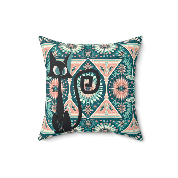 Atomic Cat Pillow, Atomic 50s Pink, Teal, Cosmo, Martini Lover, Kitschy Quirky Fun Mid Century Modern Pillow And Insert
