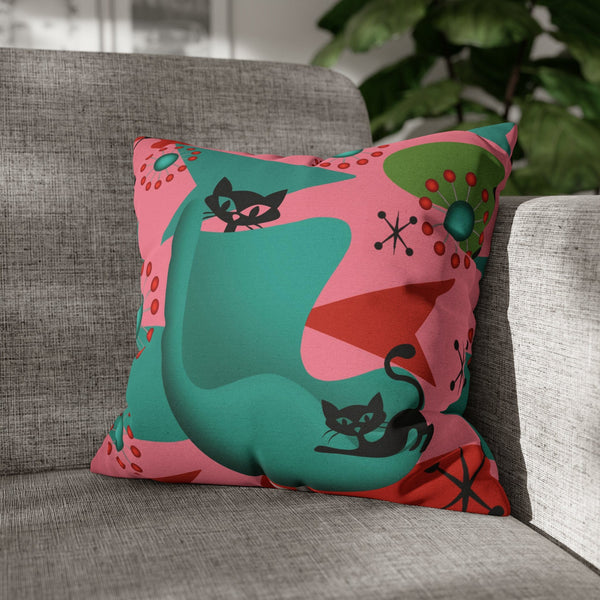 Atomic Cat Pillow Cover, Mid Century Design, Pink, Green, Aqua Kitsch Fun Atomic Era Pillow Case