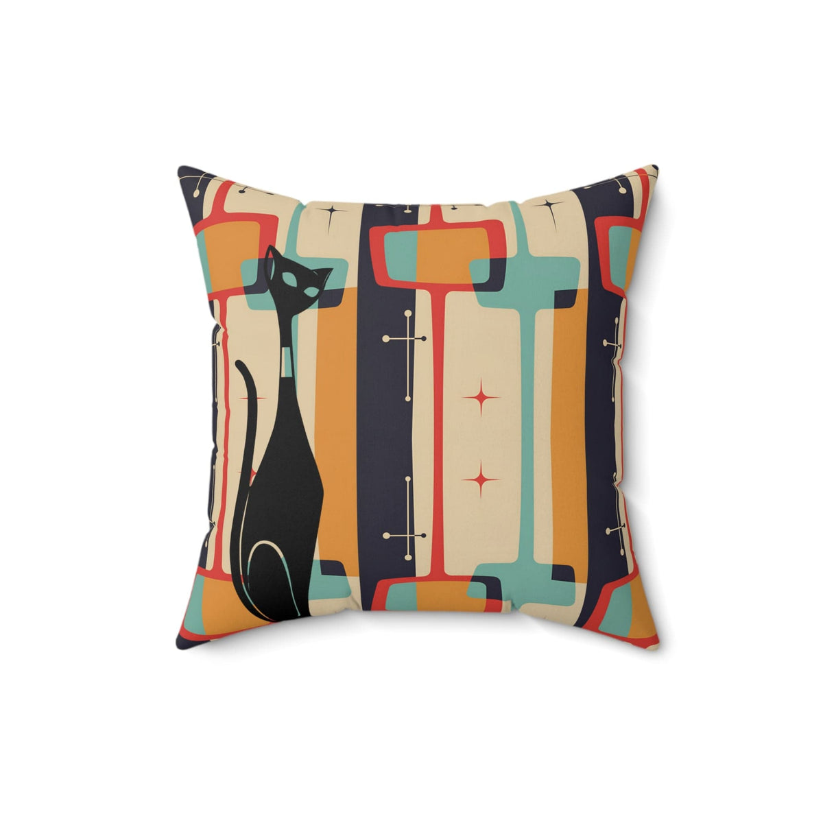 Atomic Cat Pillow, Mid Century Modern Geometric, Charcoal Gray, Burnt Orange, Yellow, Funky Retro Pillow Home Decor 16" × 16"