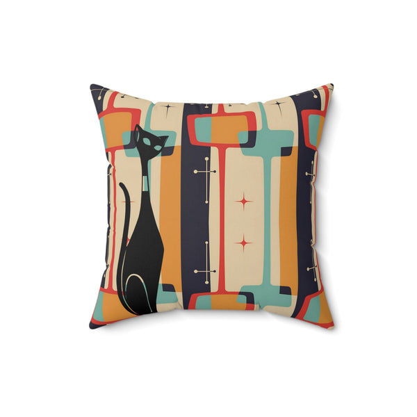 Atomic Cat Pillow, Mid Century Modern Geometric, Charcoal Gray, Burnt Orange, Yellow, Funky Retro Pillow