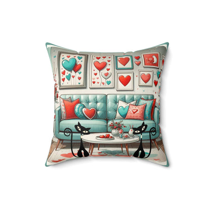 Atomic Cat Valentine Kitsch, Aqua, Red, Mid Century Modern, Valentine Love Pillow And Insert Home Decor 16&quot; × 16&quot;
