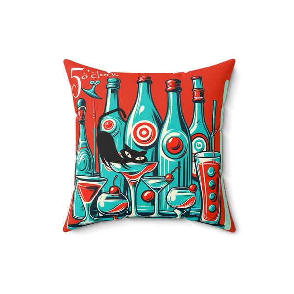It's 5'oclock Somewhere, Mid Century Modern 50s, 60s Cocktail Party, Red, Aqua Pillow And Insert With Atomic Cat