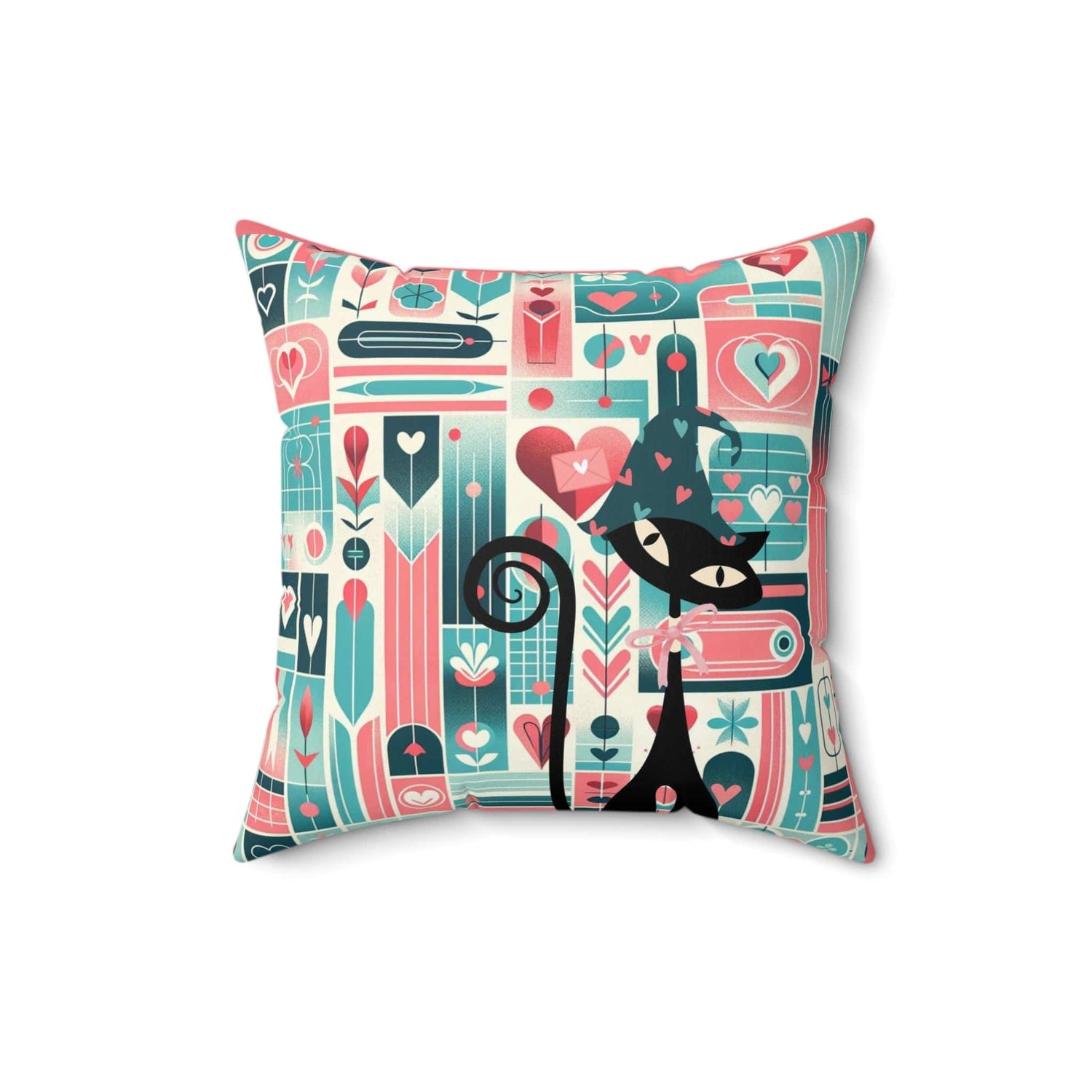 Kitschy Atomic Valentine Cat, Mid Century Modern, Aqua, Pink, Teal, Love Pillow And Insert Home Decor 16&quot; × 16&quot;