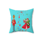 Mid Century Christmas, His And Her, Kitschy Cute, Vintage Mod Aqua Blue, Red, Candy Cane Pillow And Insert Home Decor 16" × 16"