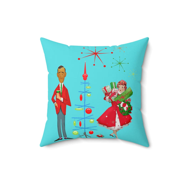 Mid Century Christmas, His And Her, Kitschy Cute, Vintage Mod Aqua Blue, Red, Candy Cane Pillow And Insert
