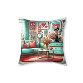 Mid Century Modern Atomic Cat, Valentine Kitsch Love Pillow, Pink, Aquas, Red, Retro Valentine Pillow And Insert Home Decor 16" × 16"