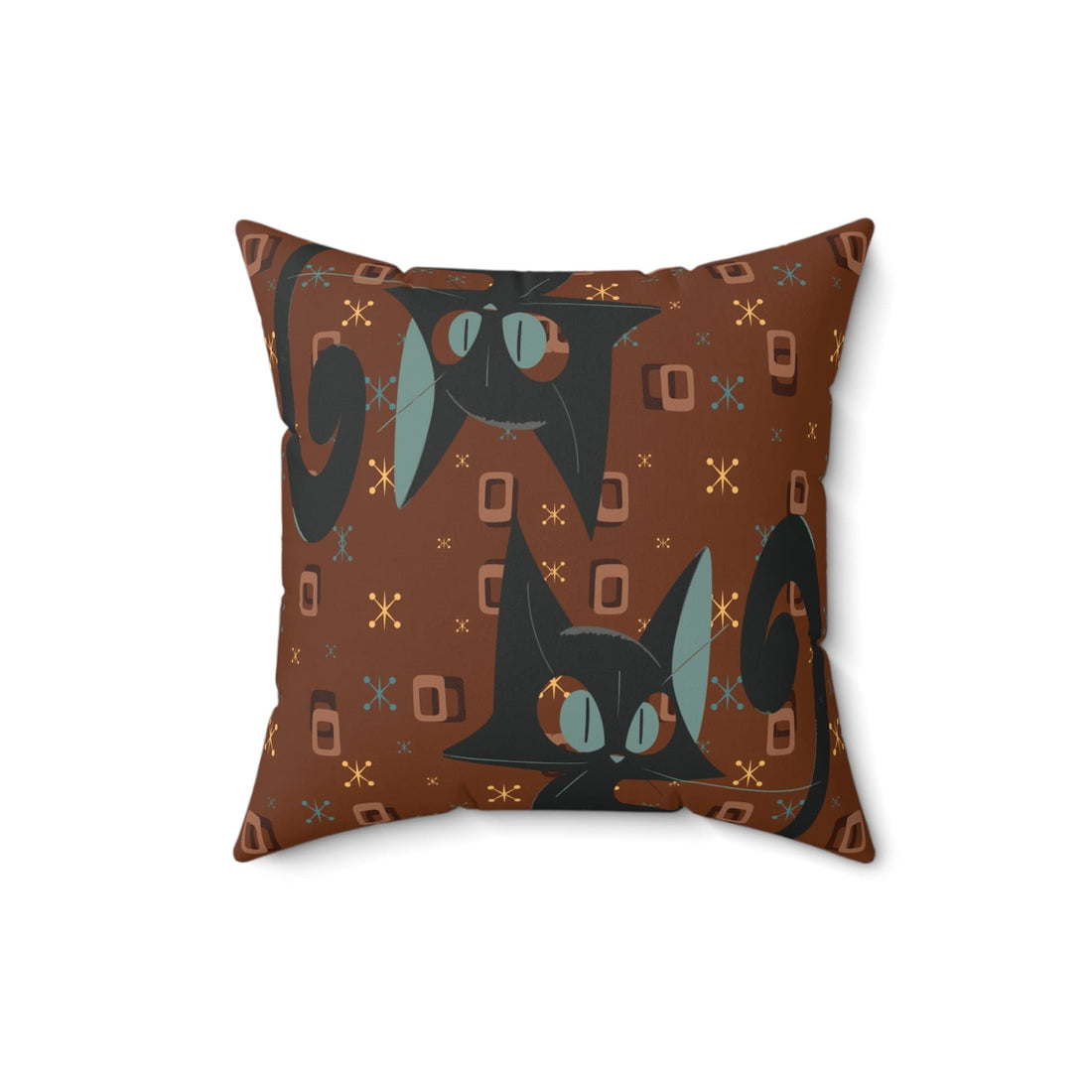 Mid Century Modern Atomic Space Kitty Cat, Kitschy Retro Brown, Geometric, Starbursts, MCM Pillow And Insert Home Decor 16&quot; × 16&quot;