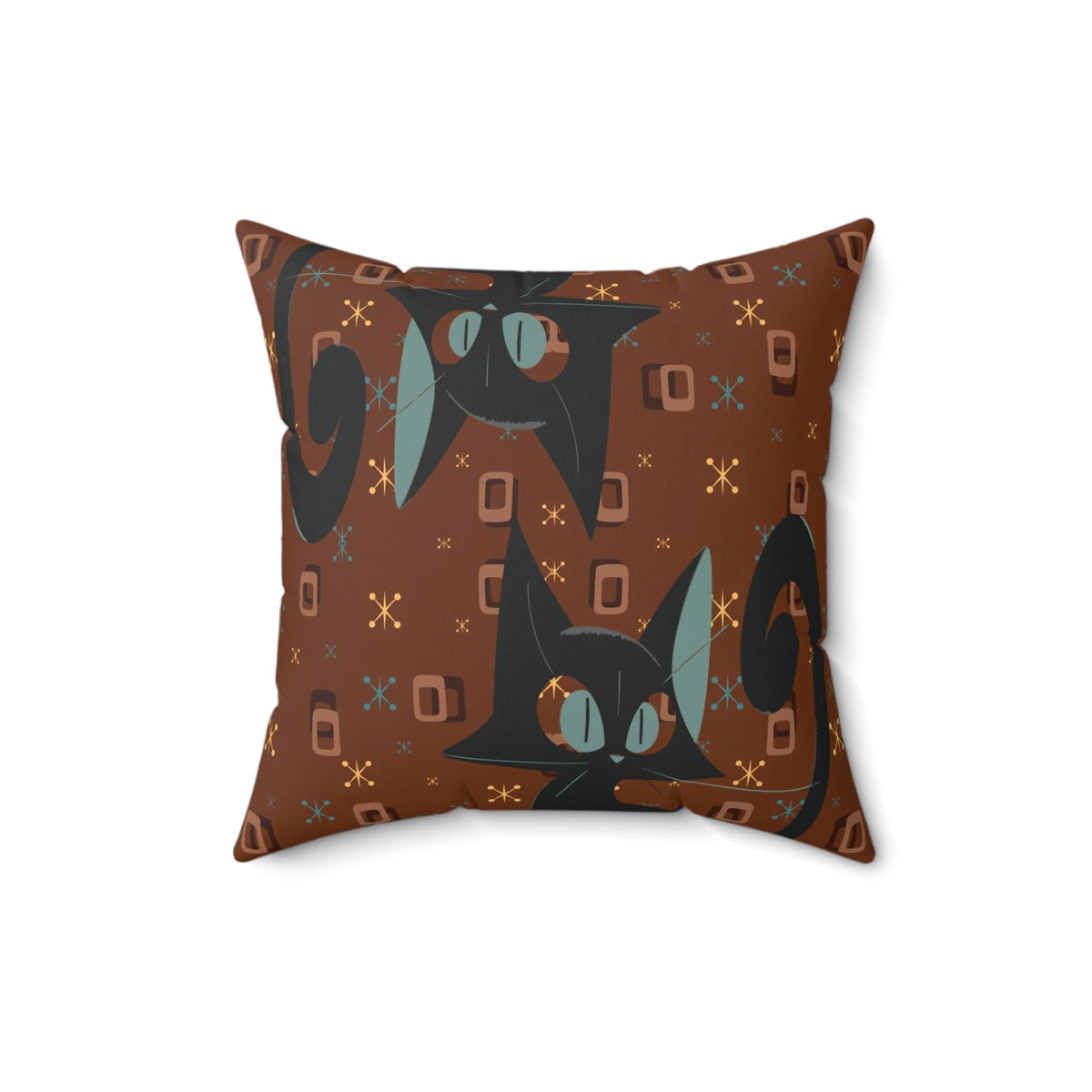Mid Century Modern Atomic Space Kitty Cat, Kitschy Retro Brown, Geometric, Starbursts, MCM Pillow And Insert Home Decor 16" × 16"