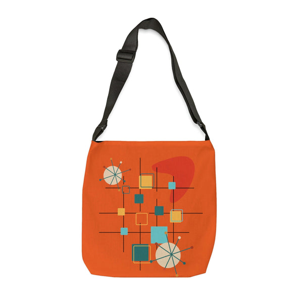Mid Century Modern, Boomerang, Geometric Starbursts, Retro Orange, Adjustable Tote Bag With Zipper