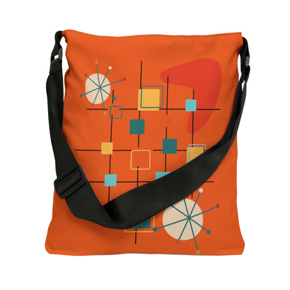 Mid Century Modern, Boomerang, Geometric Starbursts, Retro Orange, Adjustable Tote Bag With Zipper Bags 16&quot; × 16&