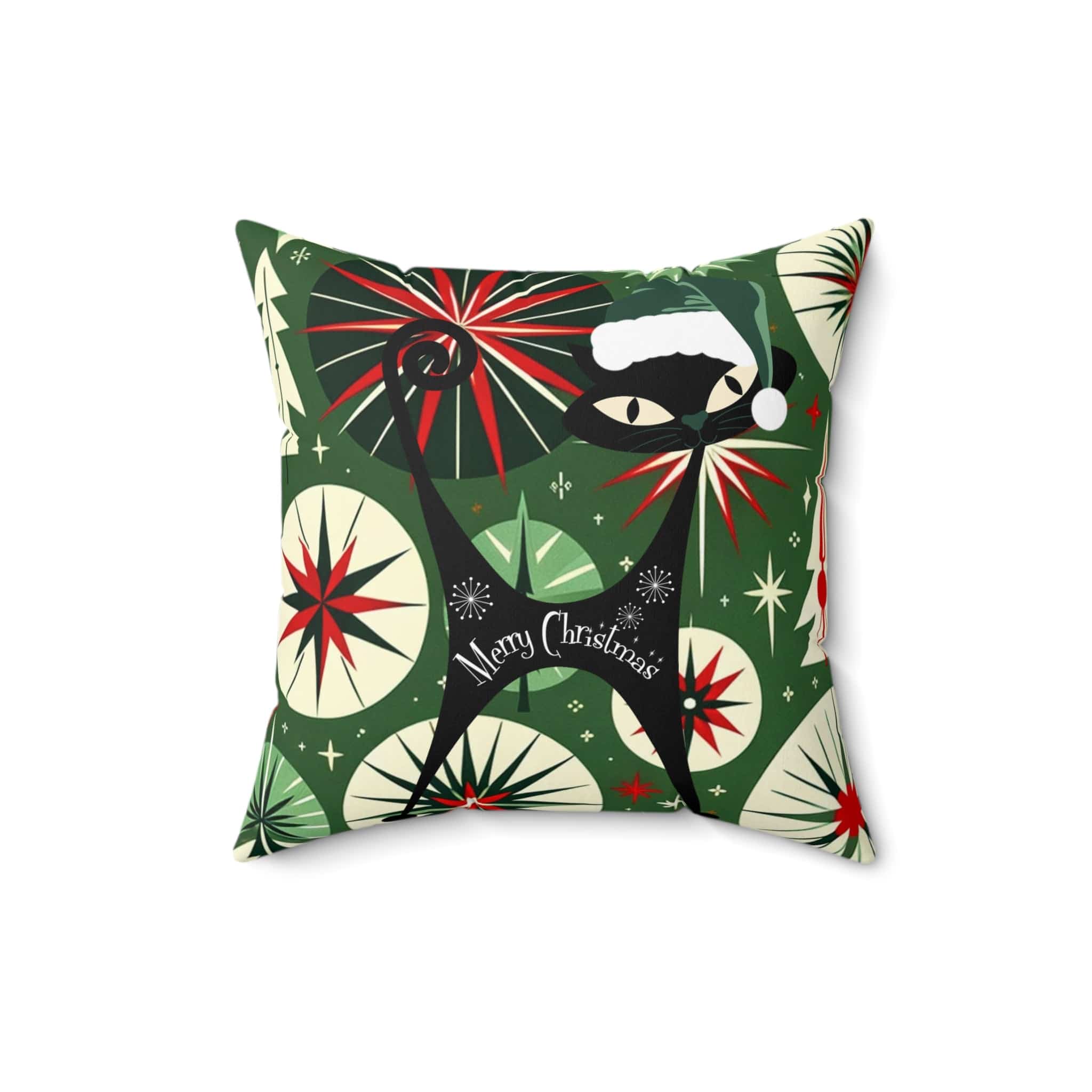 Mid Century Modern Christmas Pillow, Atomic Cat, Starbursts, Sputnik Designs, Green, Red Pillow And Insert Home Decor 16&quot; × 16&quot;