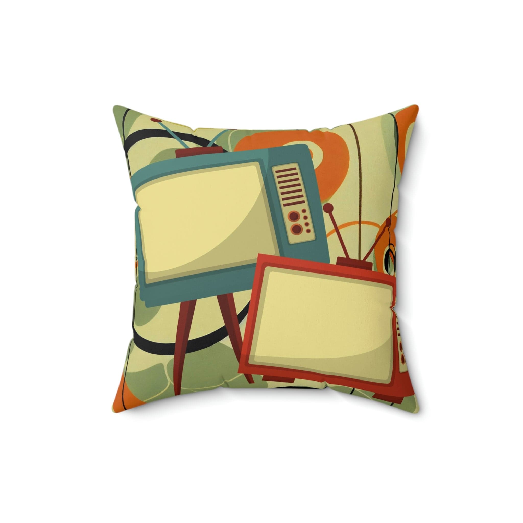 Mid Century Modern, Fun, Green, Orange Mod TV, Retro Square Pillow Home Decor 16&quot; × 16&quot;