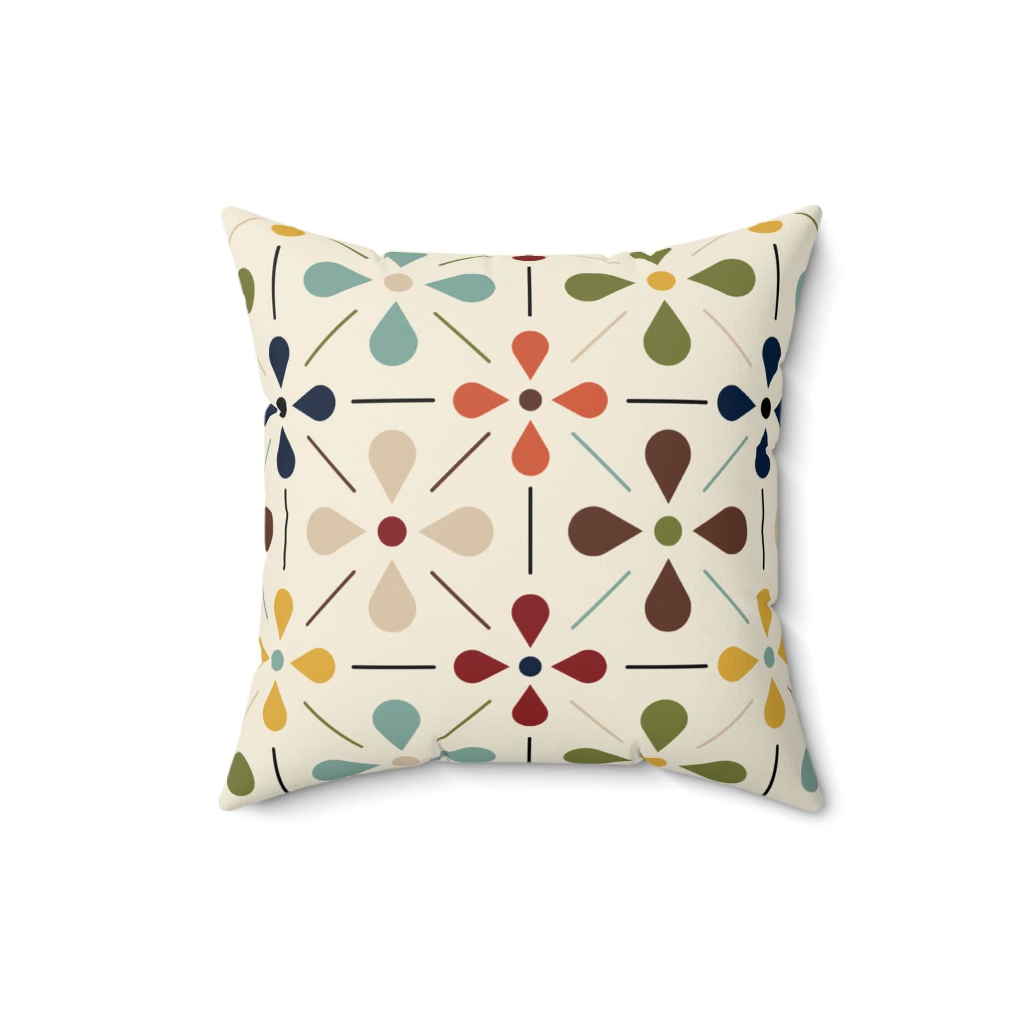 Mid Century Modern, Scandinavian Flower, Modern Danish, Beige, Yellow, Green, Orange, Brown, Aqua, MCM Bedroom Pillow And Insert Home Decor 16&quot; × 16&quot;