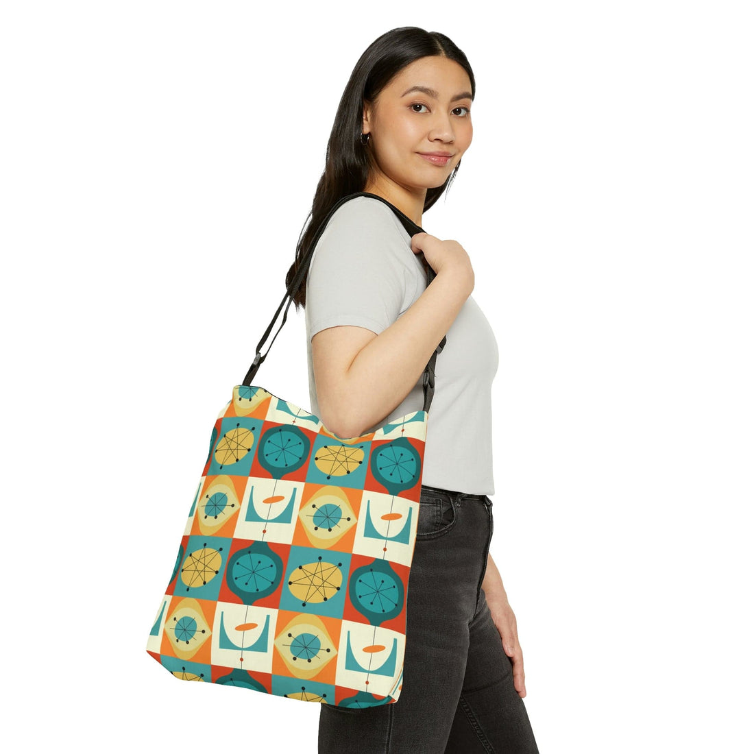 Mid Century Modern, Teal, Orange, Geometric Starburst Retro Adjustable Tote Bag Bags 16&quot; × 16&