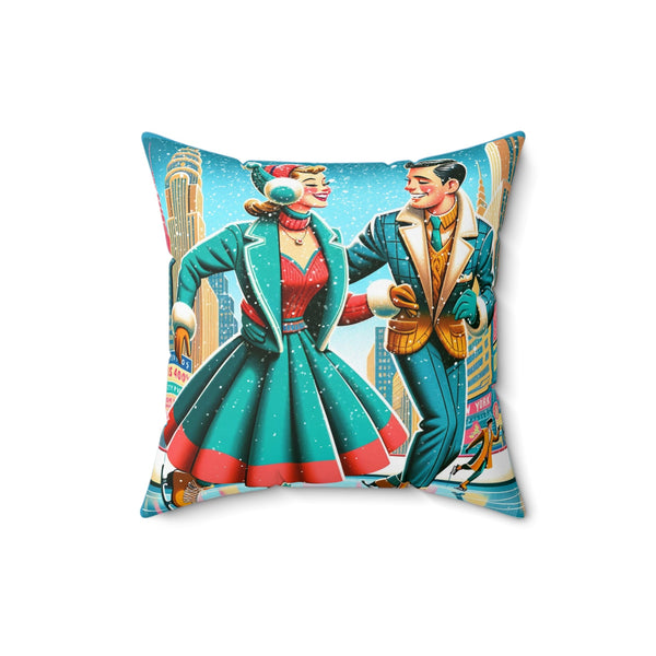 New York City Rockefeller Station Skate Rink, Retro Couple Winter Pillow And Insert