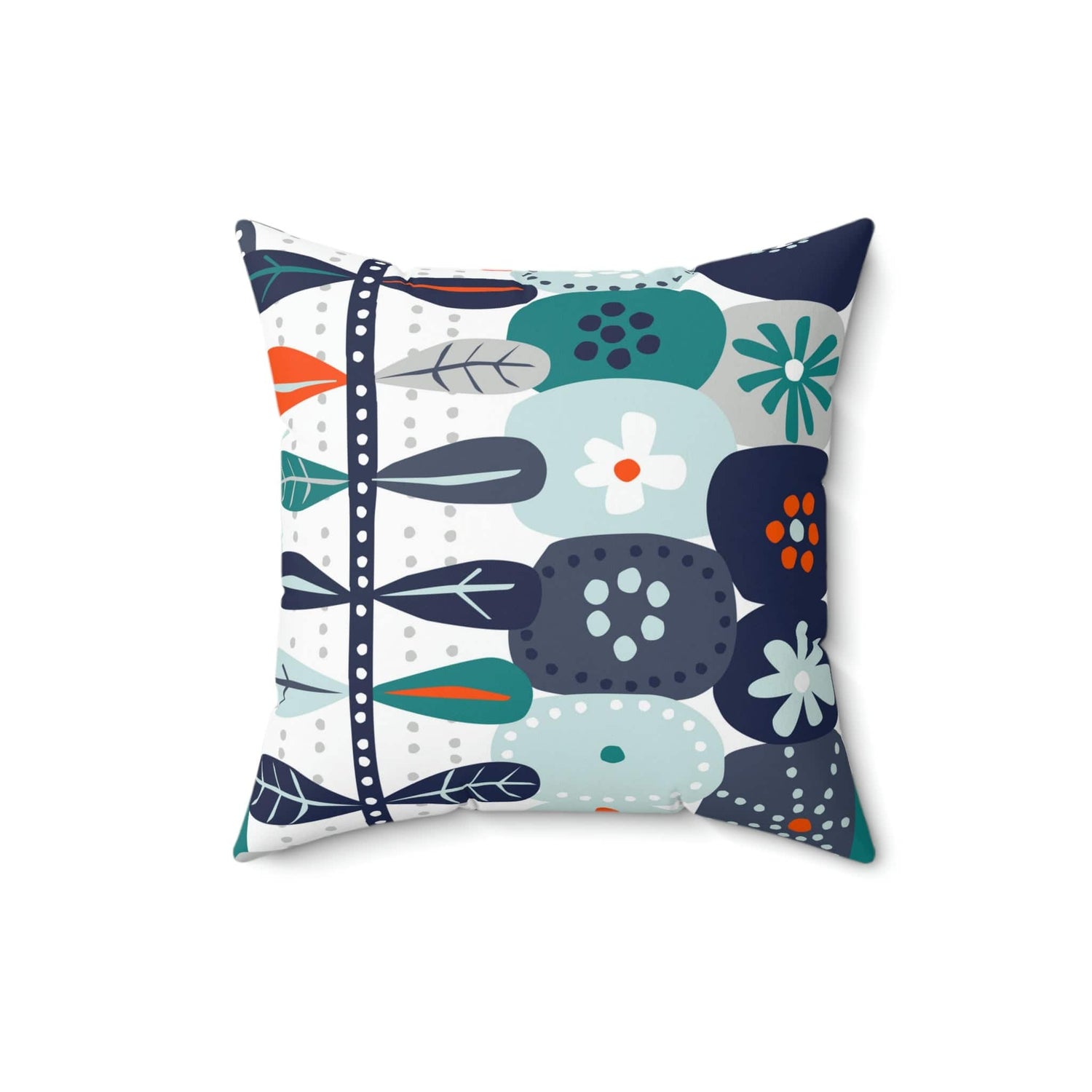 Scandinavian Modern Danish, Hygge Nordic, Mod Flower, Blue, Teal, Orange, Mist Blue, Geometric Flower, Pillow And Insert Home Decor 16&quot; × 16&quot;