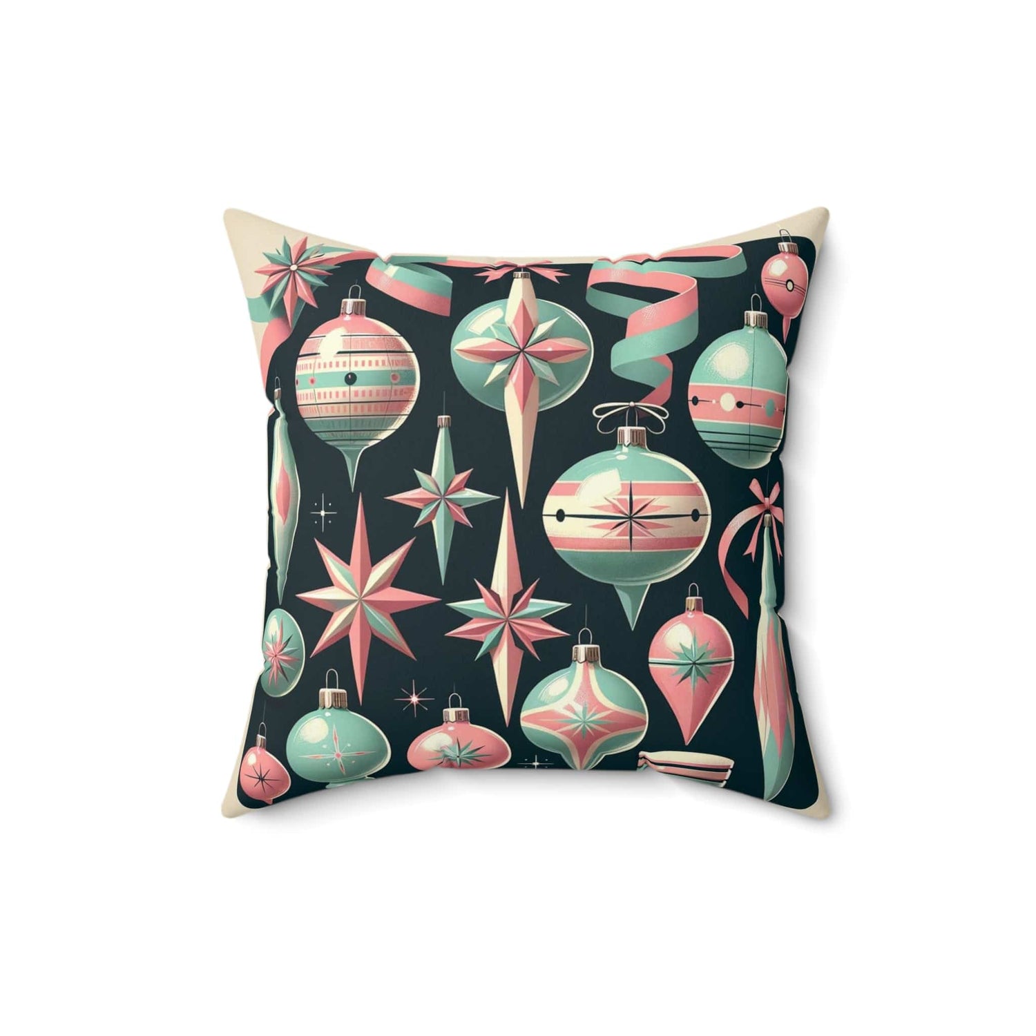 Shiny Brite Ornaments Mid Century Modern Christmas Pillow, Pink, Aqua, MCM Pillow And Insert Home Decor 16&quot; × 16&quot;