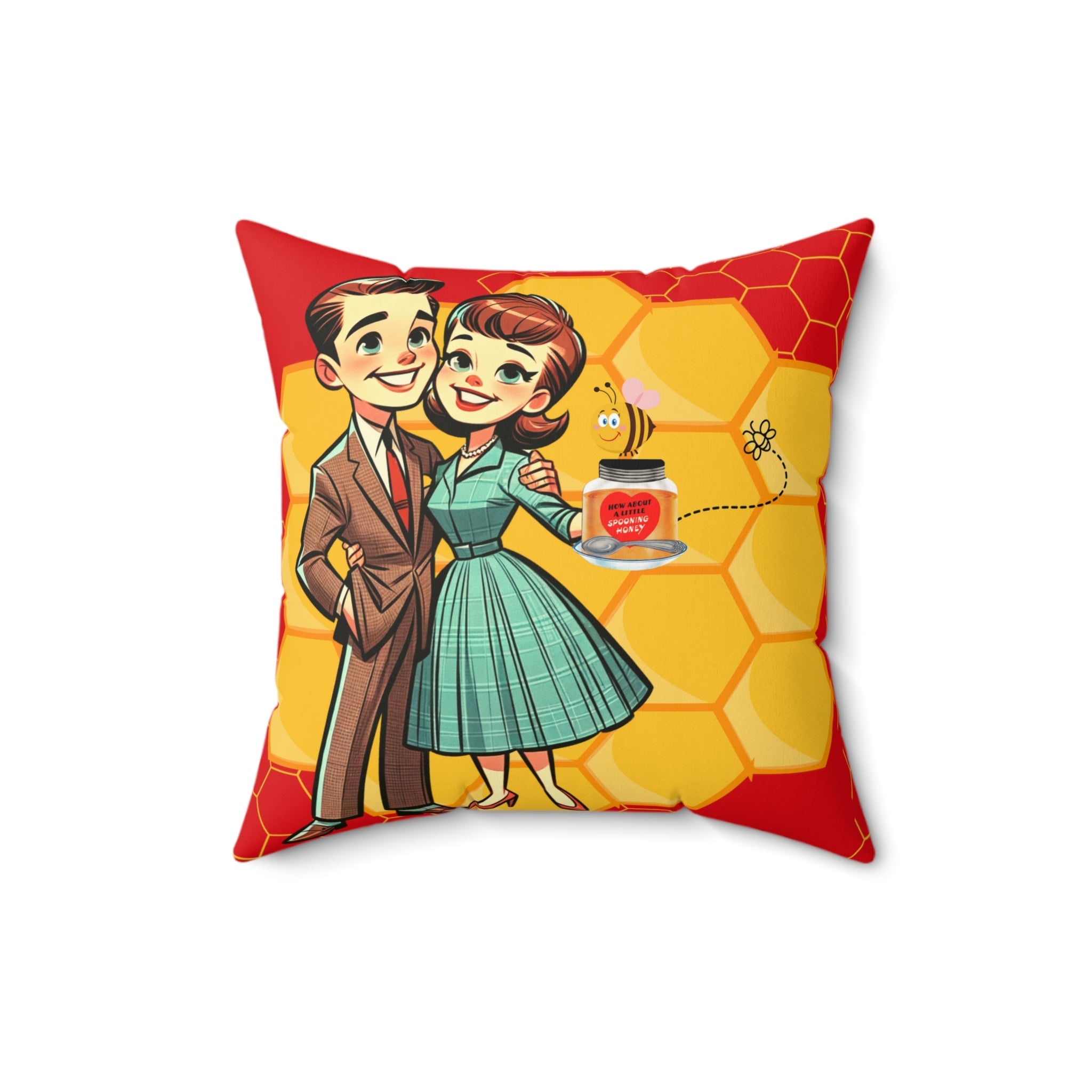 Vintage Valentine, 50s Mid Century Modern Kitschy Cute Couple, Bedroom, Livingroom Honeycomb Bee Love Honey Pillow And Insert Home Decor 16&quot; × 16&quot;