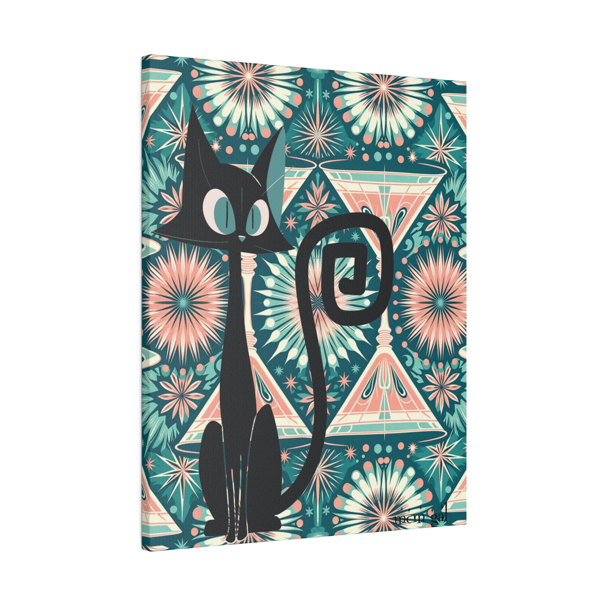 Mid Century Modern Wall Art, Original Atomic Kitschy Cat, Teal, Pink 50s Style Matte Canvas Canvas 16″ x 20″ (Vertical) / 0.75''