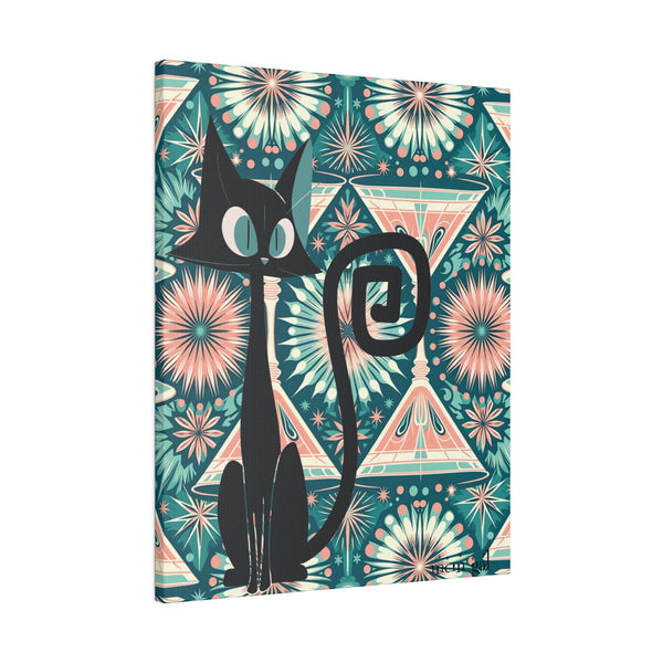 Mid Century Modern Wall Art, Original Atomic Kitschy Cat, Teal, Pink 50s Style Matte Canvas