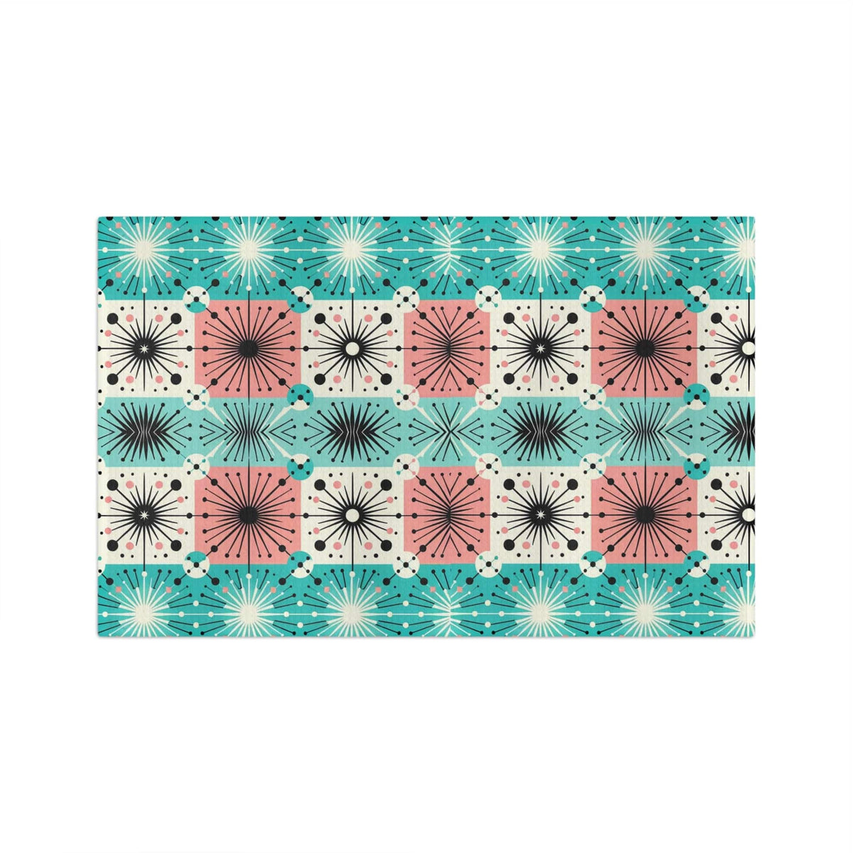Mid Century Modern Tea Towel In Aqua Blue, Pink, Black, White Starbursts, Sputnik Designed Soft Tea Towel Home Decor 16'' × 25''