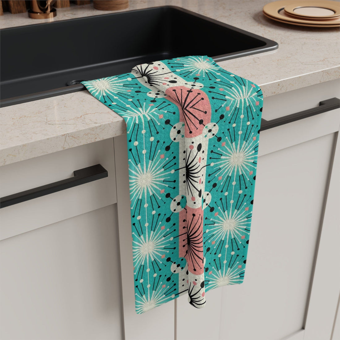 Mid Century Modern Tea Towel In Aqua Blue, Pink, Black, White Starbursts, Sputnik Designed Soft Tea Towel Home Decor 16&