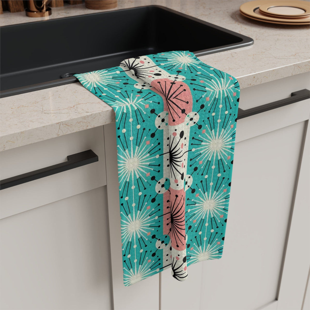 Mid Century Modern Tea Towel In Aqua Blue, Pink, Black, White Starbursts, Sputnik Designed Soft Tea Towel Home Decor 16'' × 25''