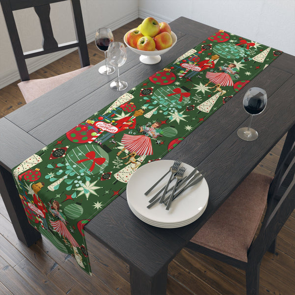 Mid Century Modern Christmas Table Runner, Kitschy 50's Retro Couple, Green, Red, Starbursts MCM Retro Christmas Table Runner