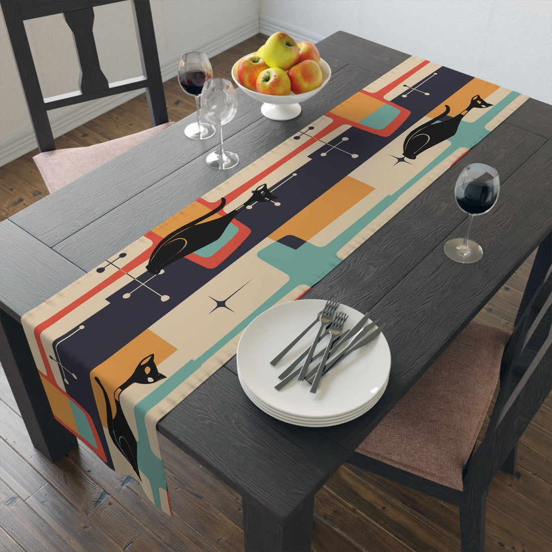 Mid Century Modern Atomic Cat, Retro Table Runner Home Decor 16&quot; × 72&quot; / Polyester