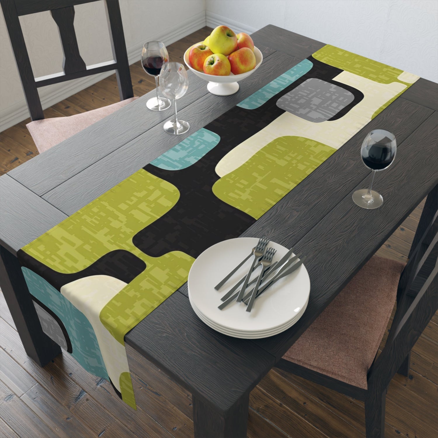 Mid Century Modern Table Runner, Geo Pattern, Black, Gray, Green Aqua Mod Table Setting Home Decor 16&quot; × 72&quot; / Polyester