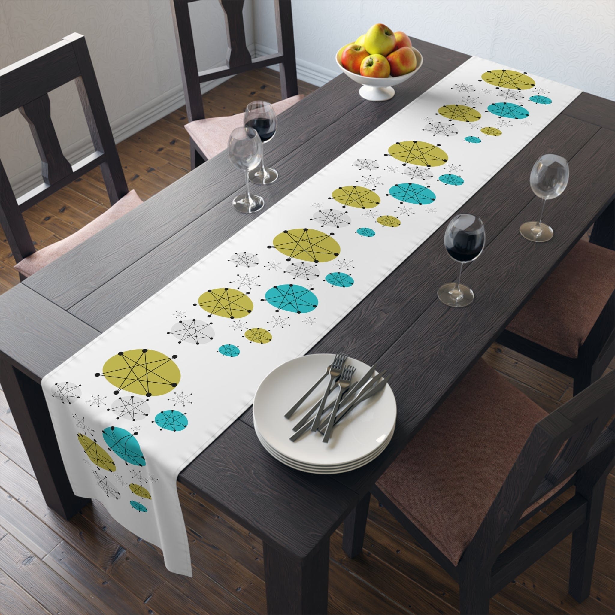 Atomic 50's Franciscan Dish Pattern, Mid Century Modern, Starburst, White,  Green, Blue, Table Runner - 7684453138587