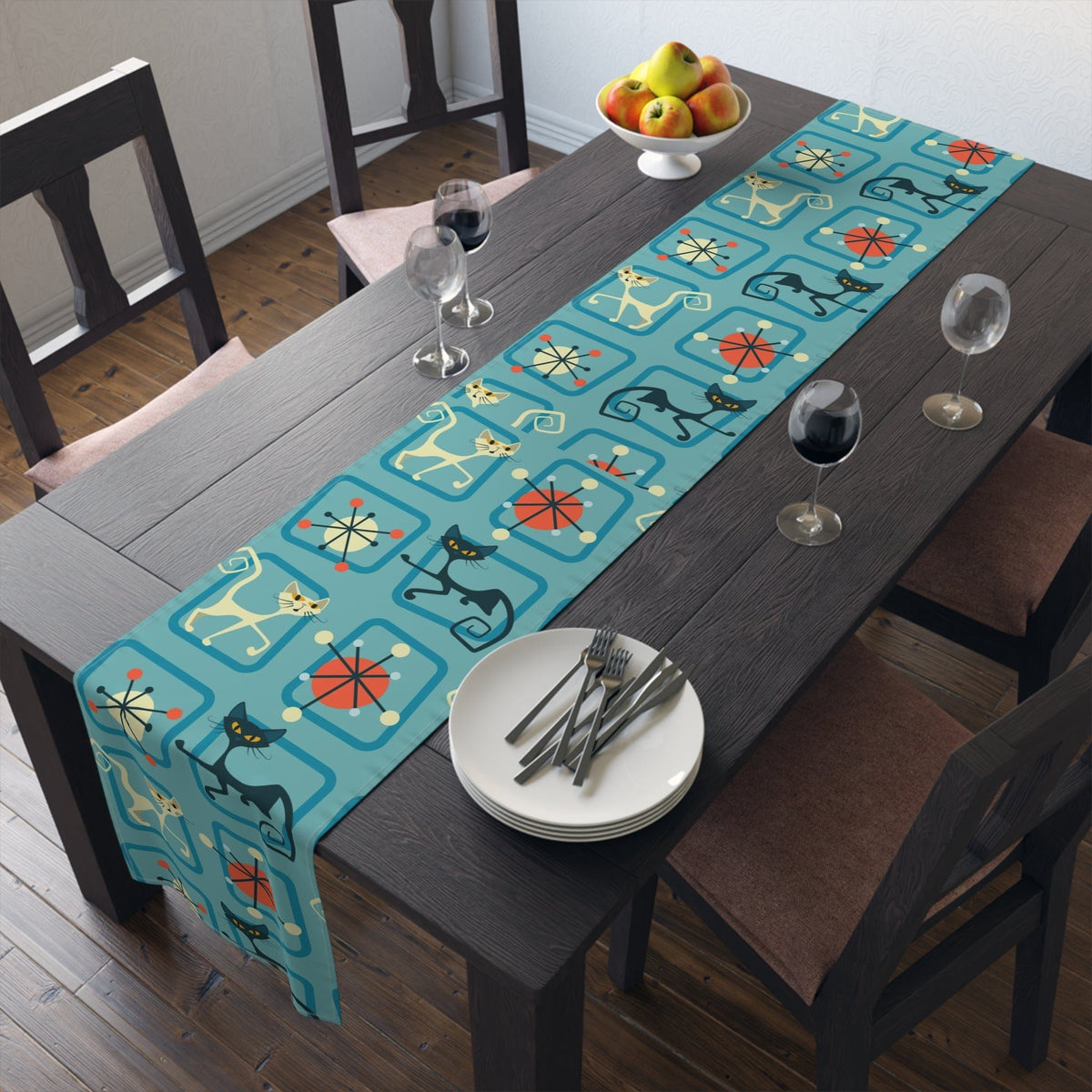 Atomic Cat, Kitschy Retro 50's Style Mid Century Modern Table Runner Home Decor 16" × 90" / Cotton Twill