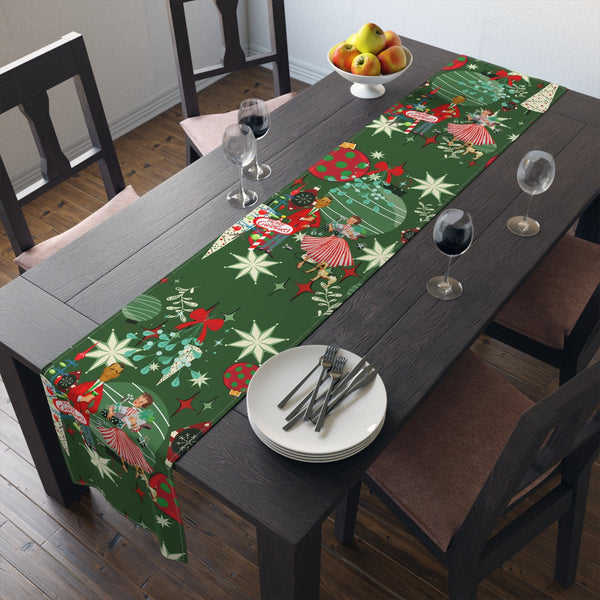 Mid Century Modern Christmas Table Runner, Kitschy 50's Retro Couple, Green, Red, Starbursts MCM Retro Christmas Table Runner