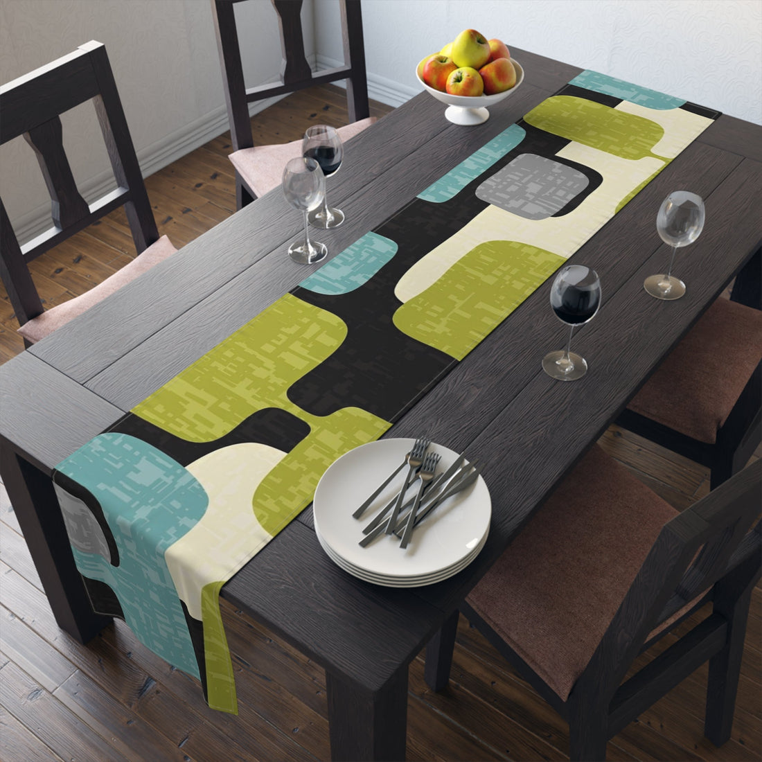 Mid Century Modern Table Runner, Geo Pattern, Black, Gray, Green Aqua Mod Table Setting Home Decor 16&quot; × 90&quot; / Cotton Twill