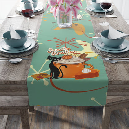 Atomic Cat Kitchen, Diningroom Table Runner, Kitschy Fall, Halloween, Seasonal Mid Century Modern Table Runner Home Decor 16&quot; × 90&quot; / Polyester