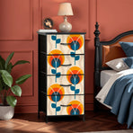 Scandinavian Designed Mid Century Modern Orange Blue Floral Design 4-Drawer Dresser