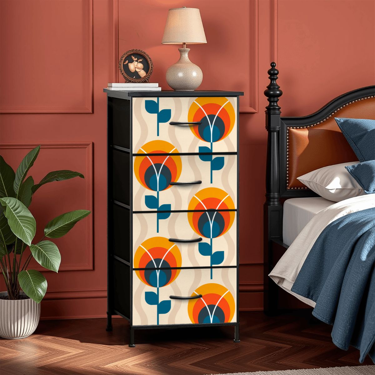 Scandinavian Designed Mid Century Modern Orange Blue Floral Design 4-Drawer Dresser - Mid Century Modern Gal