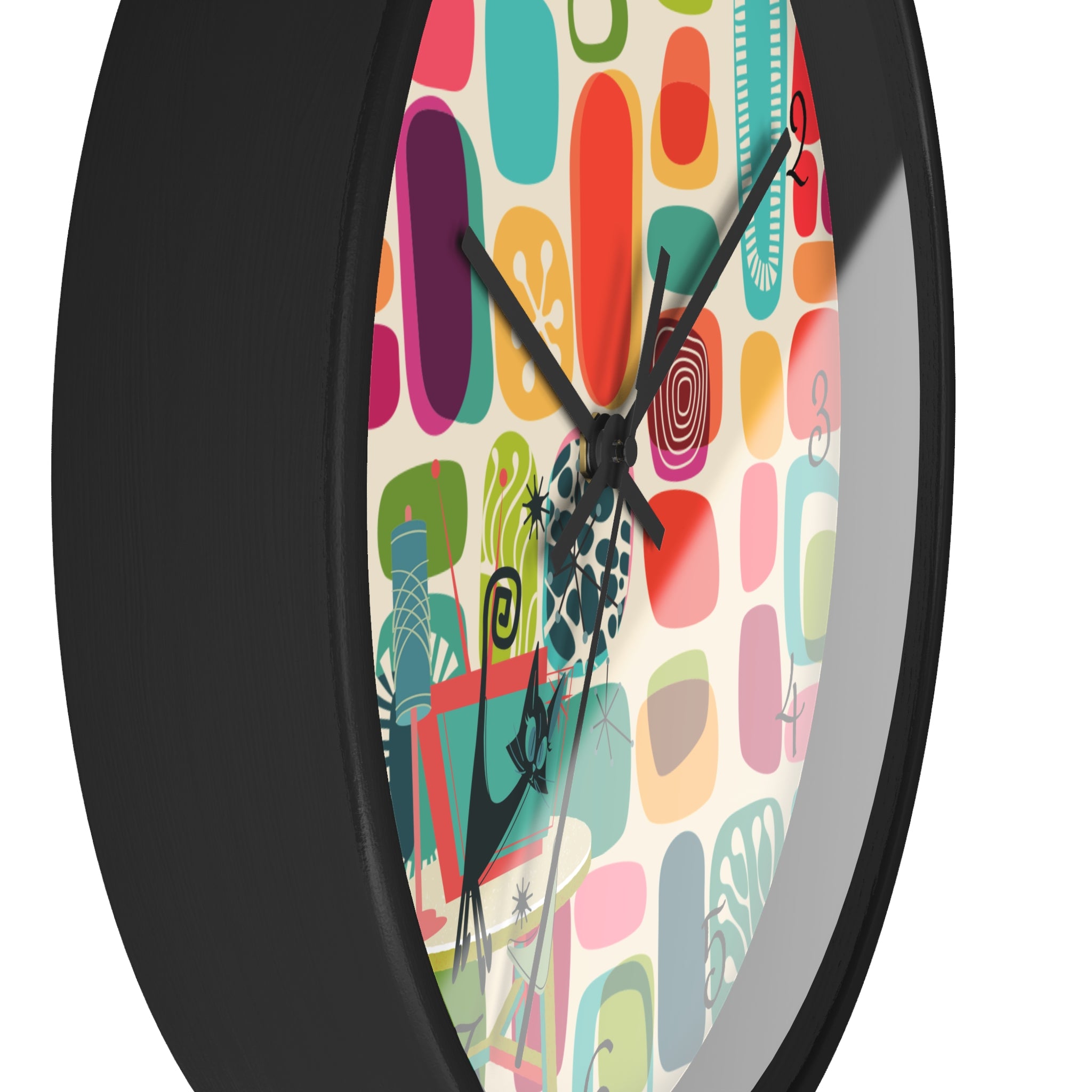 Mid Mod Amoeba Design With Kitschy Atomic Cat, Quirky Fun Retro Wall Clock