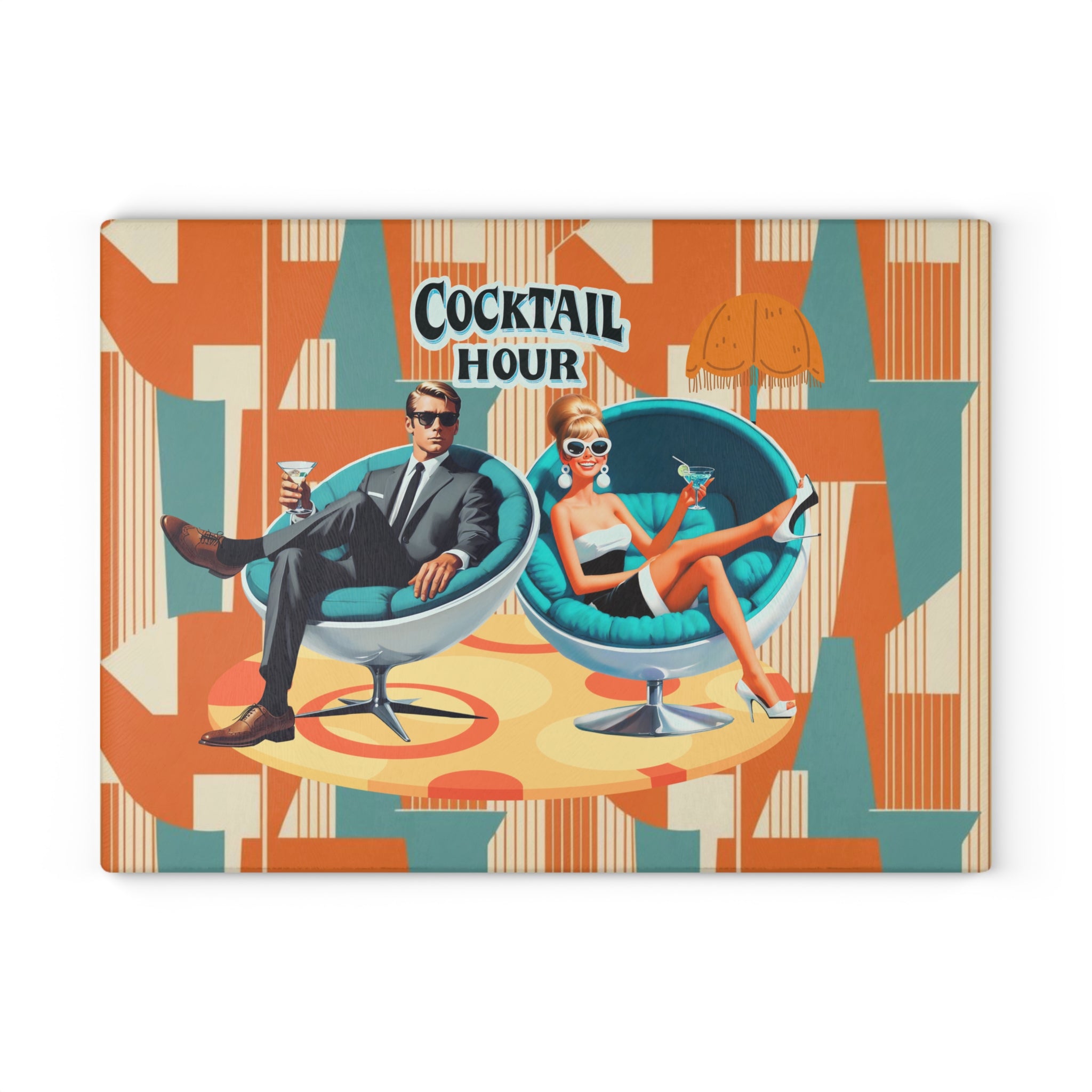 Mid Century Modern Barware Tabletop Glass Cutting Board With Mod 60s Couple,Retro Cocktail Hour - Mid Century Modern Gal