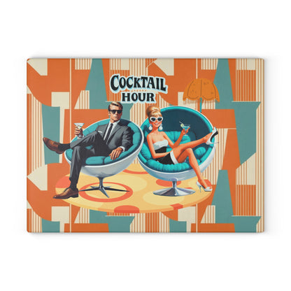 Mid Century Modern Barware Tabletop Glass Cutting Board With Mod 60s Couple,Retro Cocktail Hour - Mid Century Modern Gal