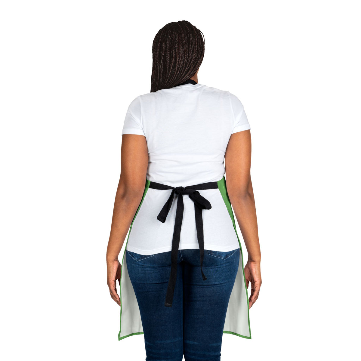 Mid Century Modern Gal Decorating Christmas Tree, Green Atomic Starbursts Apron
