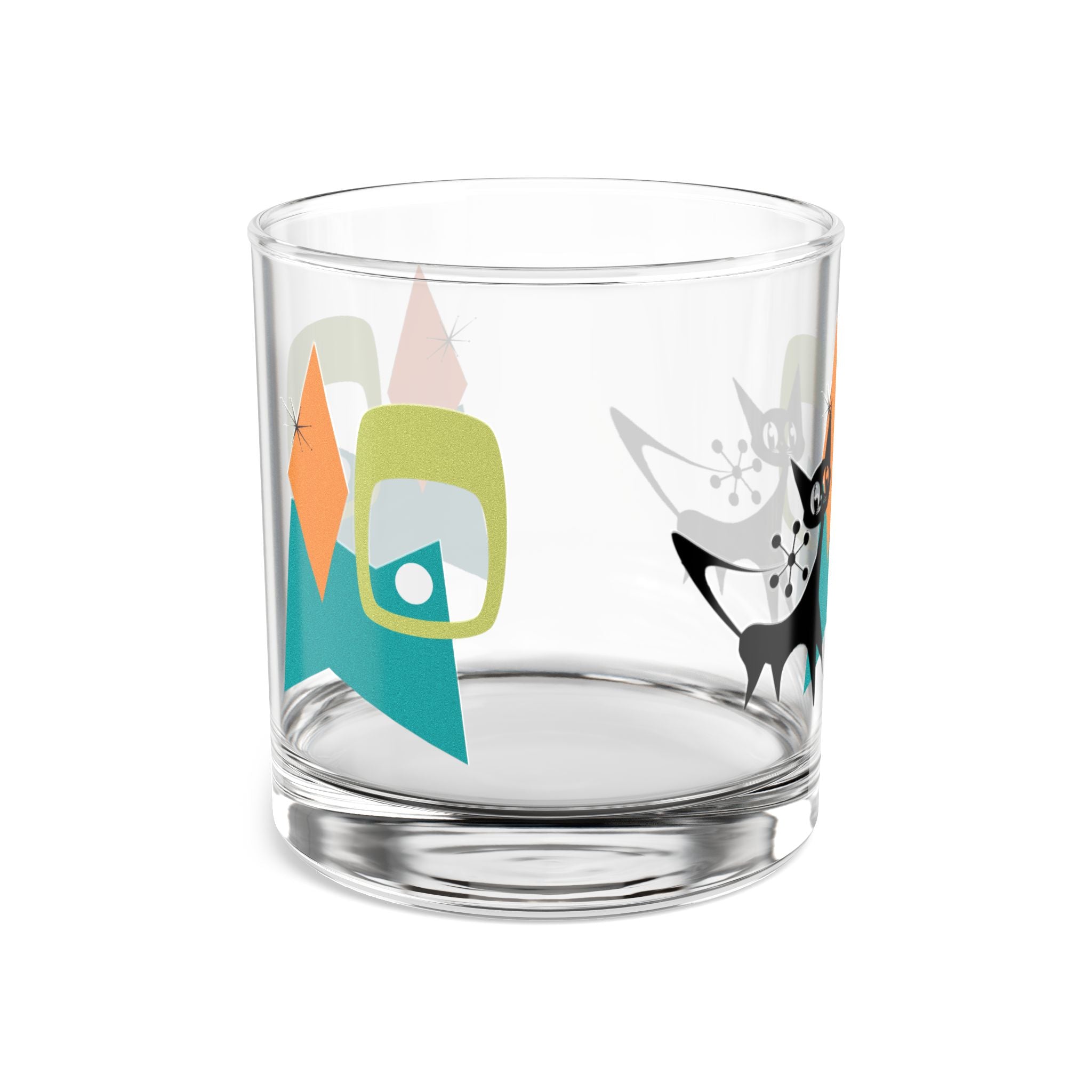 Mid-Century Modern Bourbon Rocks Glass with Cats - Unique Drinkware for Cat Lovers, Home Bar Decor, Gift for Him or Her, Cocktail Glass - Mid Century Modern Gal