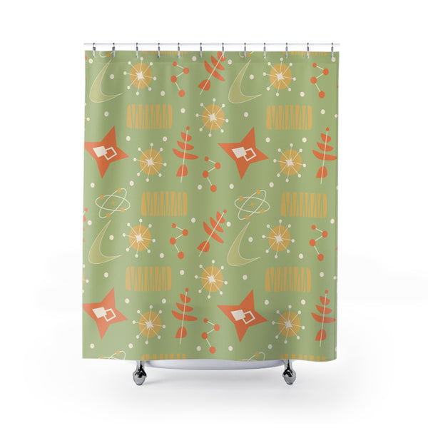Mid Century Modern Atomic Space, Orange Green Yellow Retro Starburst Shower Curtain