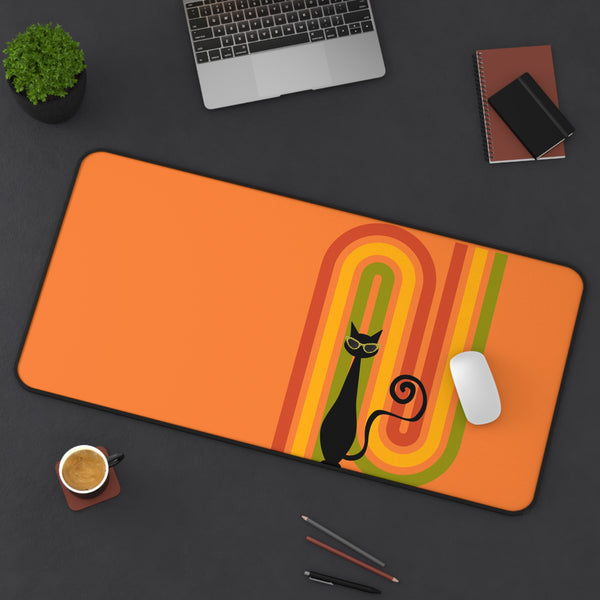 Atomic Cat Retro Orange Groovy Rainbow Mid Century Modern Desk Mat