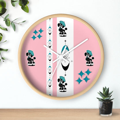 Mid Century Modern Atomic Pink Starburst Wall Clock with Cute Retro Mod Poodle Design - Mid Century Modern Gal