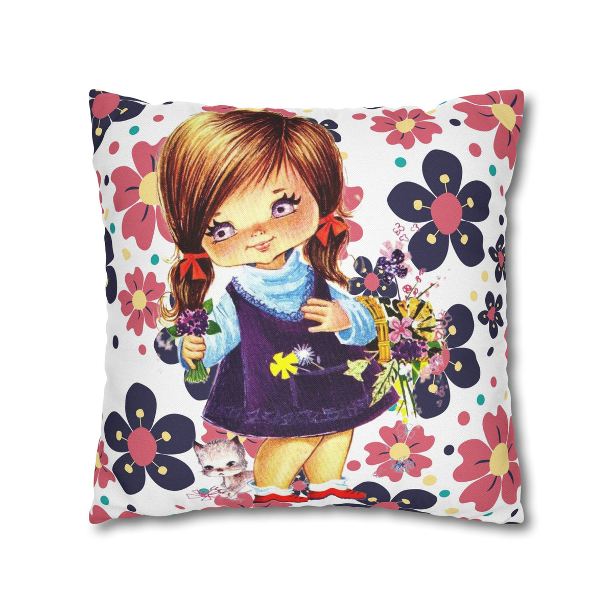 Vintage 60's Big Eyed Cute Girl, Violets, Flower Power, Groovy Hippie Vibes, Pillow COVER Only - Mid Century Modern Gal