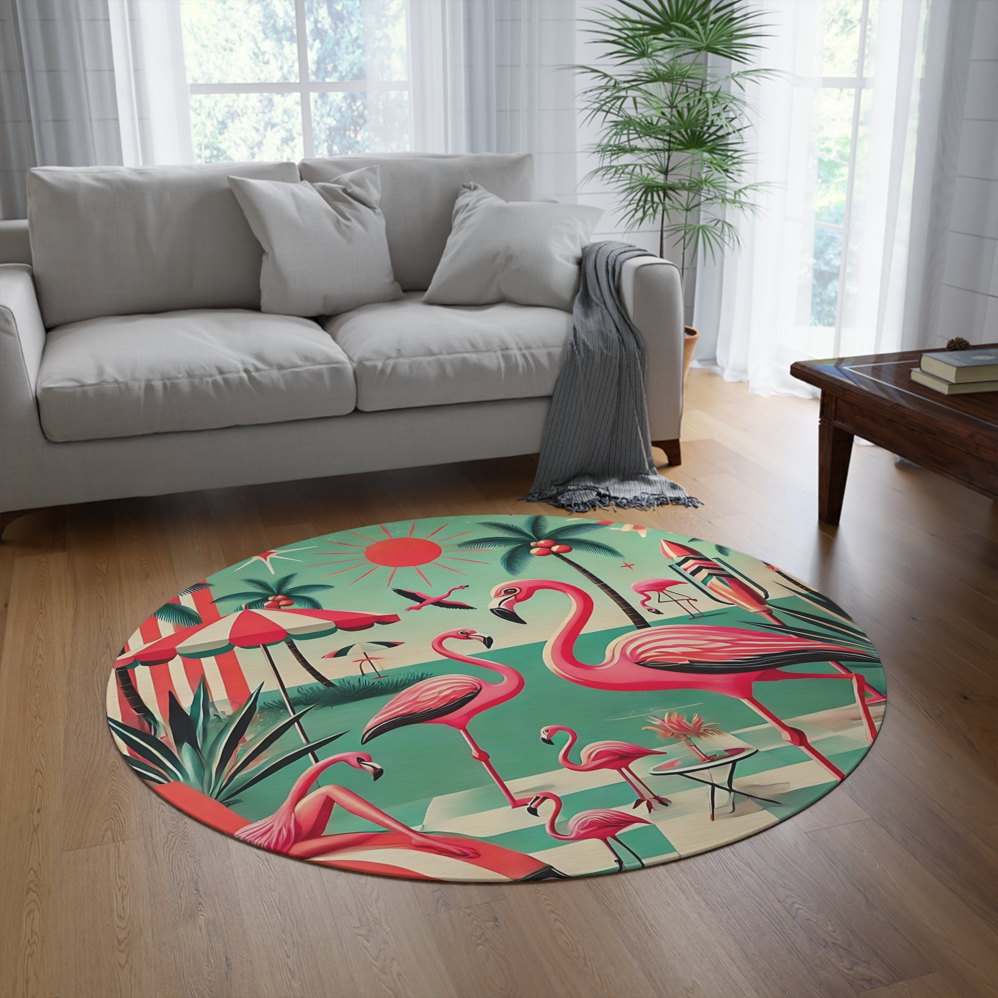 50s Mid Mod Flamingo Round Rug